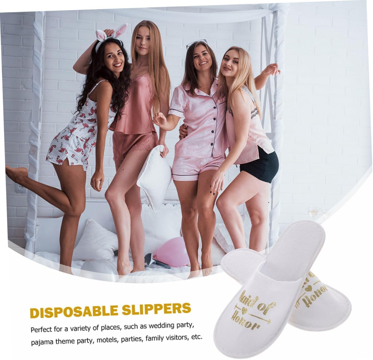 Gatuida Disposable Gold Maid of Honor Wedding Slippers for Bridesmaids, 2 Pairs Fabric Party Footwear with Gold Foil Lettering, Non-Slip Cloth Slippers for Bridal Shower and Pajama Party image number 4
