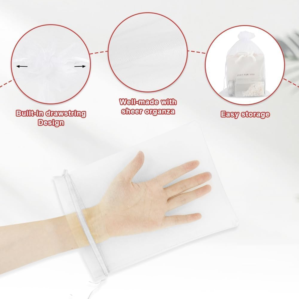 White Organza Bags 7X9 Inch 100Pcs Large Mesh Bags Drawstring Organza Gift Bags Jewelry Pouch for Valentines Wedding Halloween Eve Christmas New Year Baby Shower Party Favors Candy Fruit Wrap Bulk image number 4