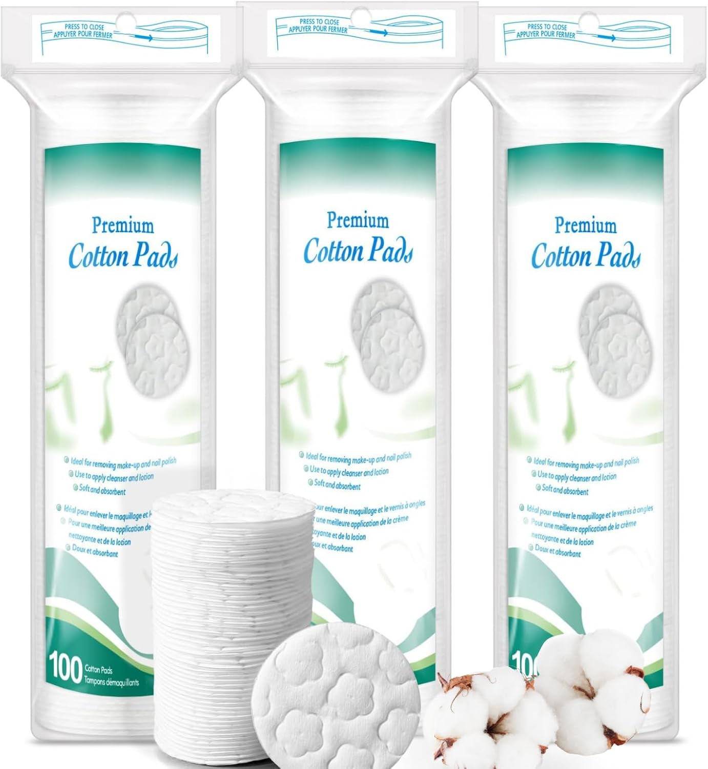300 Count Premium Cotton Rounds, Makeup Remover Pads, Pure & Natural Facial Cleansing round Pads, Lint-Free, 3 PACK image number 5