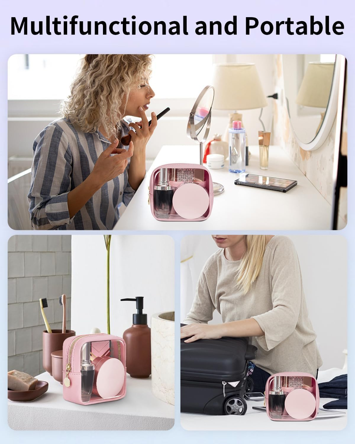 Clear Makeup Bag for Purse Mini Make up Cute Cosmetic Bag Pouch for Women with Slip-In Pockets Travel Toiletry Essentials Eco Vegan Leather Organizer Bags (Pink, One Size)