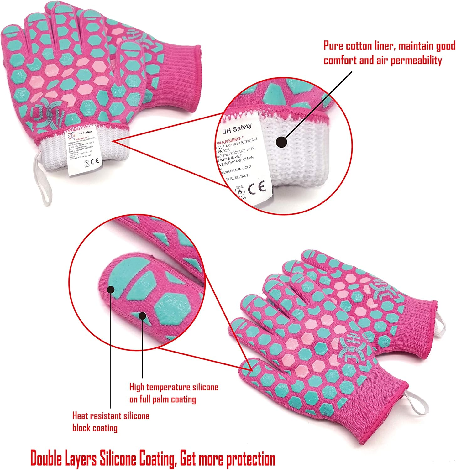J H Heat Resistant Oven Mitts: EN407 Certified 932 &deg;F, 2 Layers Silicone Coating, BBQ & Oven Gloves for Cooking, Kitchen, Fireplace, Grilling (Women Fits All, Coral Shell with Turquoise/Pink Coating) image number 5