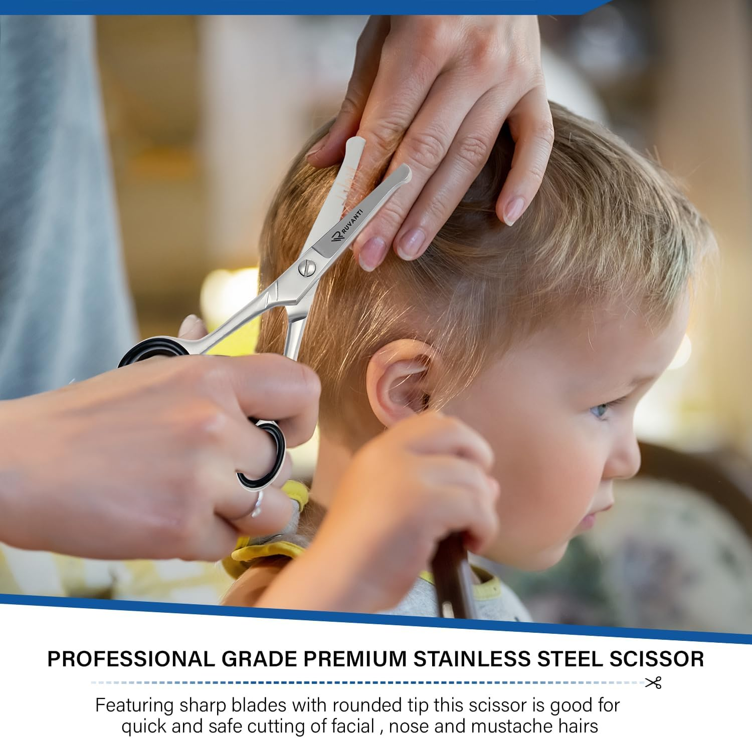 Ruvanti 5.2" Kids Hair Cutting Scissors - Safety Rounded Tip Barber Shears for Children, Infants & Facial Hair Trimming - Sharp Stainless Steel Blades, Ergonomic Grip - Ideal for Home & Salon Use image number 5