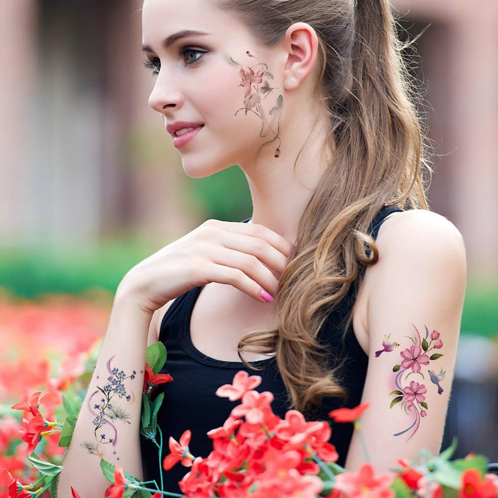 10 Sheets Temporary Flower Tattoos Waterproof Abstract Flowers Birds Butterflies Animal Face Tattoos Gems Face Tattoos for Women Girls Kids Parties image number 1