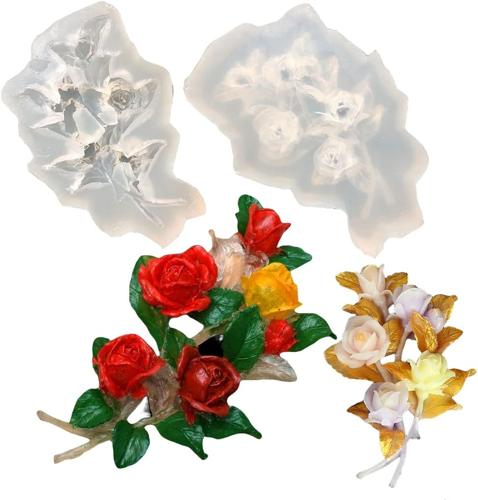 Fineinno 3D Rose Flower Silicone Molds for Epoxy Resin,Floral Crystal Molds with Stems Bouquets Branch Casting Mould for Fondant Chocolate Candy Soap