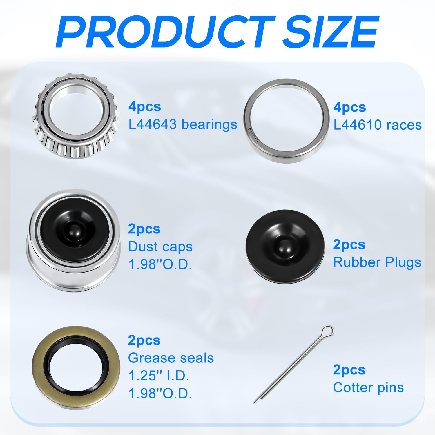 2 Sets 1 Inch Trailer Hub Bearing Kits, L44643/L44610 Bearing Kits with 12192TB Grease Seals, 1.98 Inch Dust Caps, Rubber Seals, Cotter Pins for 2000-2200Lb Trailer Axle image number 1