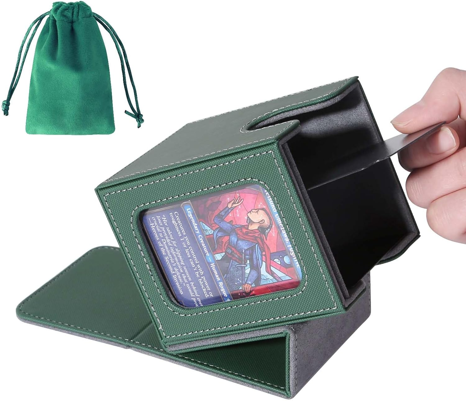 AFIING MTG Deck Box for Commander Display,Card Deck Box Fits 100 Double Sleeved Cards, Magic Commander TCG Card Storage Box with 2 Dividers,Drawstring Bag and 1 Toploader(Green/Grey) image number 1