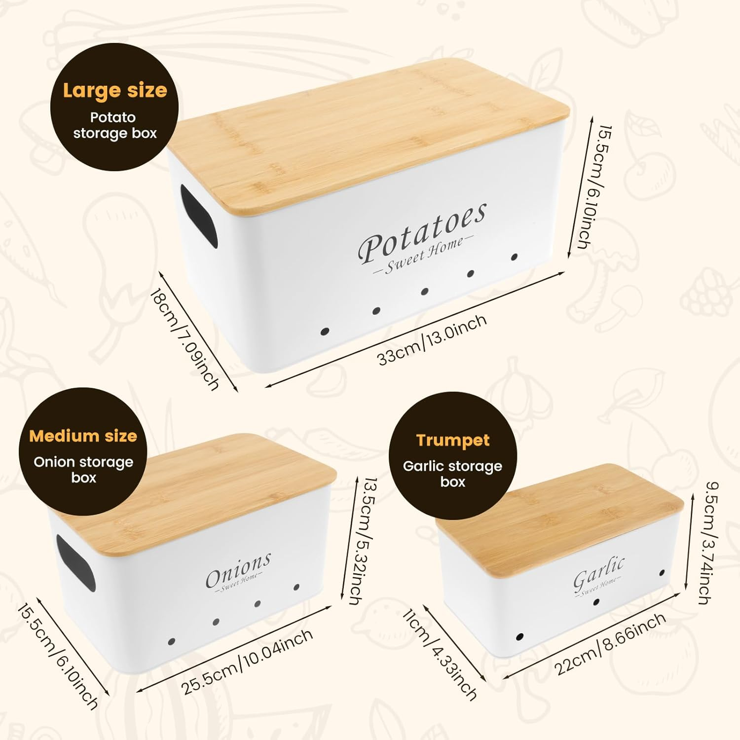 3 Pcs Potato and Onion Garlic Storage Bin, Kitchen Vegetable Storage Containers, Potato Onion Garlic Jars with Vent Hole, Carbon Steel Onion Storage Bin, Onion Garlic Storage Box Set (White) - Black image number 4