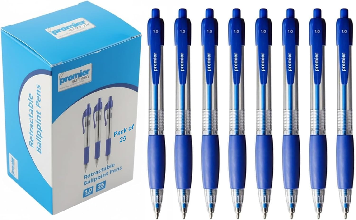Premier Stationery Retractable Ball Pens, Blue Ink, 1 X 25 Pack (25 Pens) | Click-Top Design | Smooth Ink Pens for School, Office & Everyday Writing