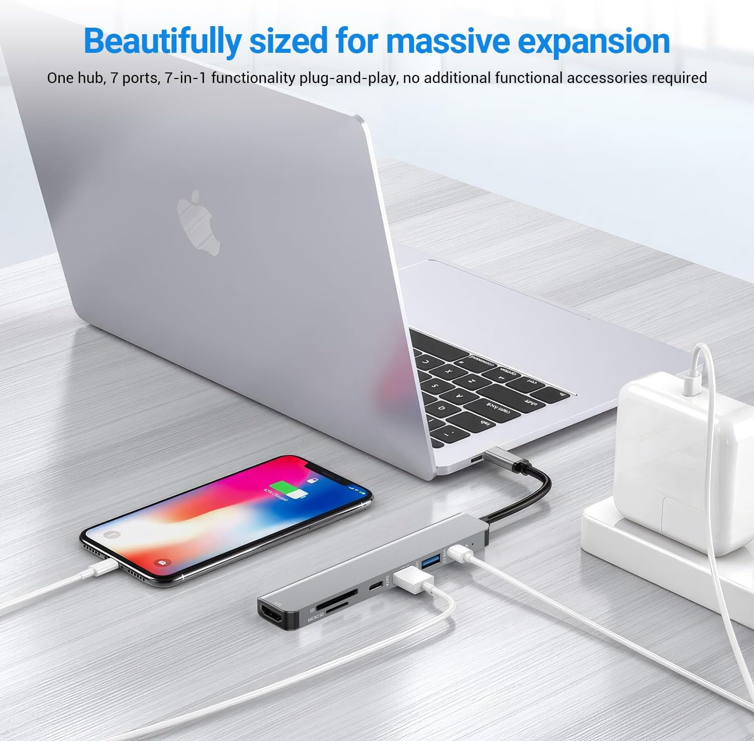 USB C HUB（7 in 1） Multiport Adapter 4K HDMI, USB 3.0, USB 2.0, SD/TF Card Reader, 5Gbps USB C Data Port, 100W PD Charging, Type C Dongle for Macbook, Macbook Pro, Macbook Air, DELL Etc. image number 4