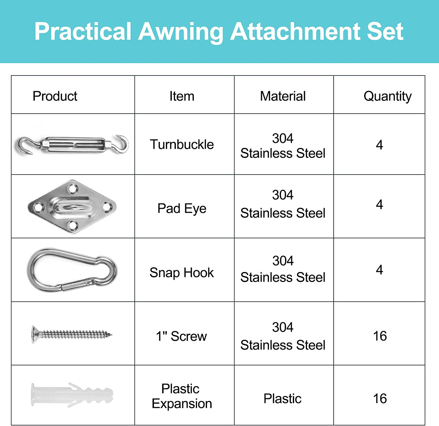 HOMPER Awning Attachment Set, Heavy Duty Sun Shade Sail Stainless Steel Hardware Kit for Garden Triangle and Square, Rectangle, Sun Shade Sail Fixing Accessories image number 4