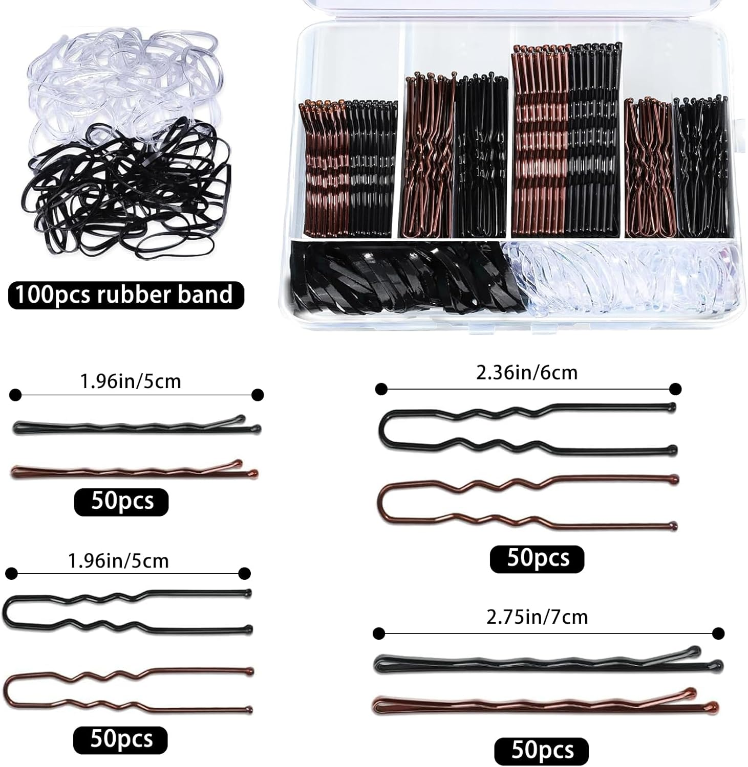300Pcs Bobby Pins Kit, 100 Hair Grips 100 Rubber Hair Bands for Women, U Shaped Hair Pins Black and Brown Bobby Pin Styling Accessories with Storage Box, 2Inch, 2.36Inch, 2.75Inch image number 3