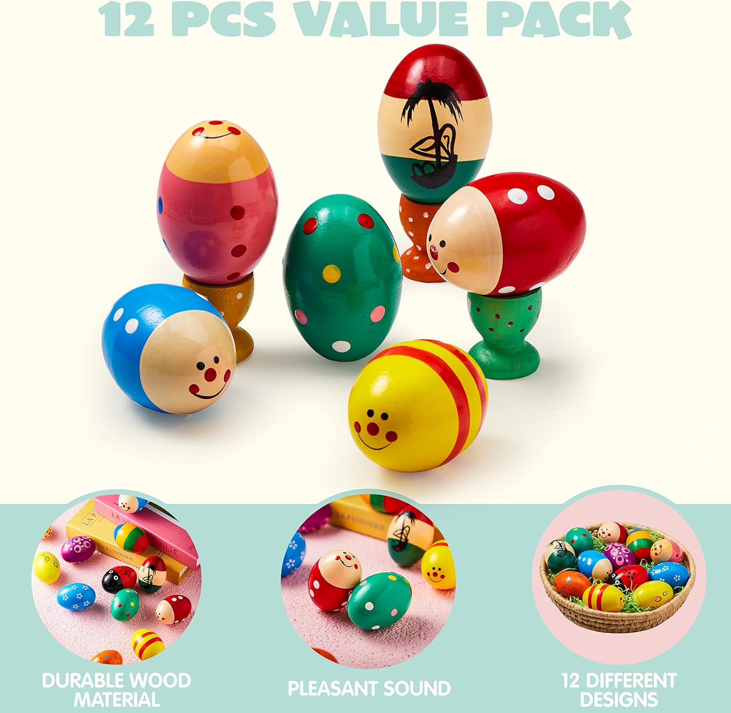 JOYIN 12 Pieces 3" Wooden Egg Shakers Maracas Percussion Musical for Party Favors, Classroom Prize Supplies, Musical Instrument, Basket Stuffers Fillers, Easter Hunt image number 1