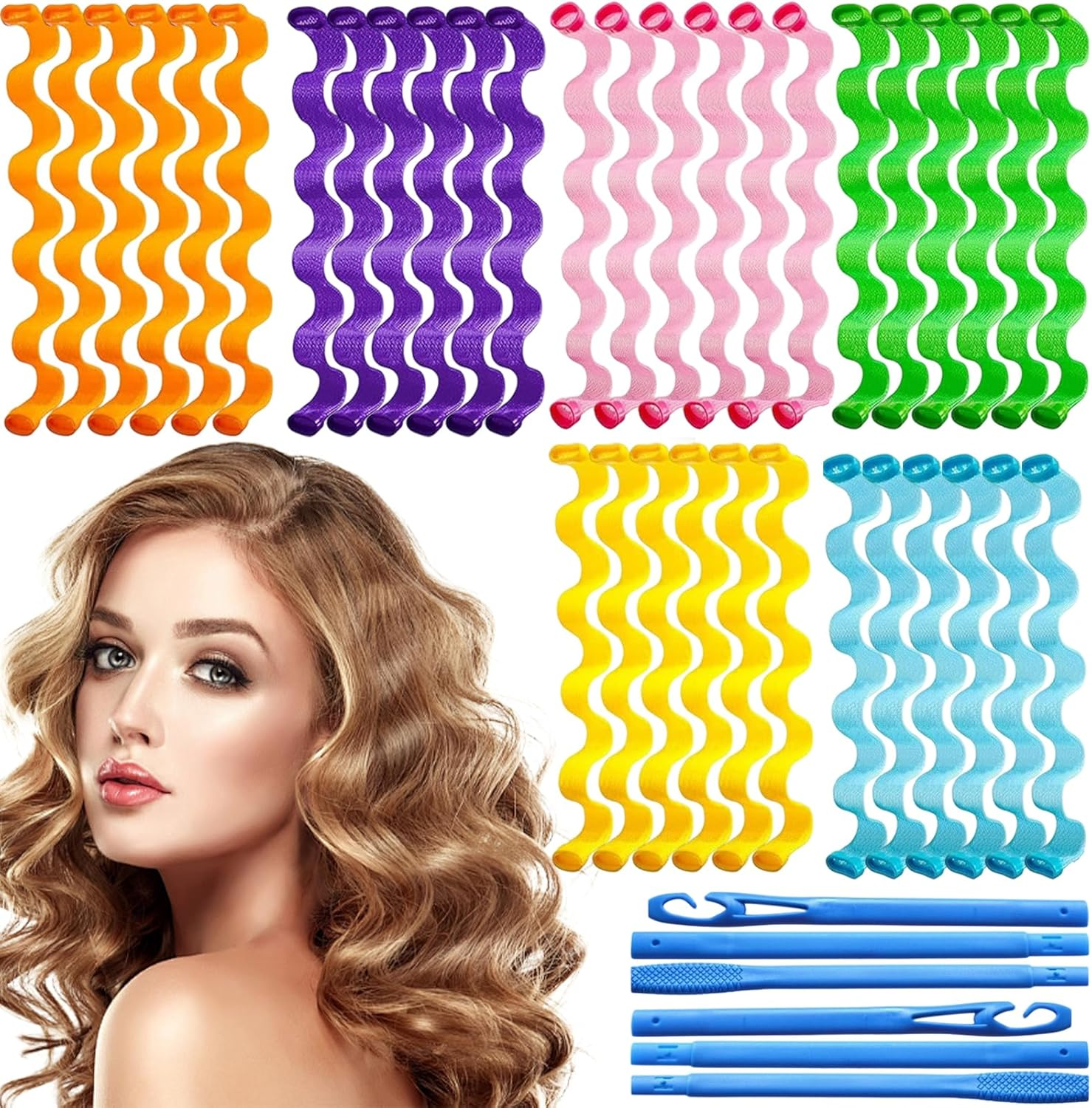 SZSMW 36 Hair Rollers - Waves - Curlers Long Hair - Suitable for Anyone Who Want to Create Their Own Wavy Hairstyles, Suitable for All Hair Types (30 Cm, with 2 Styling Hooks) image number 5