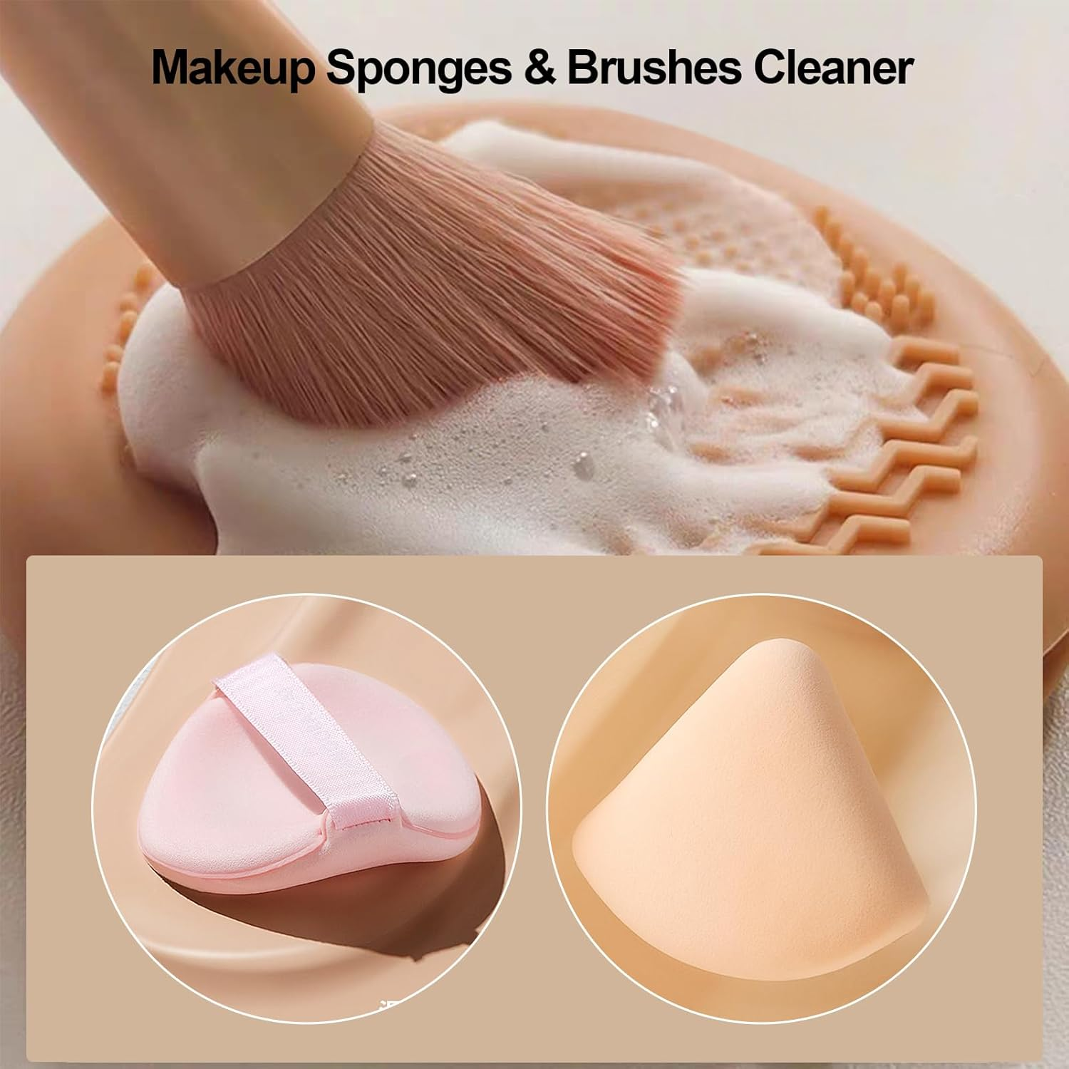 Reayou Silicone Makeup Sponges Case, 2 PCS Holder and Cleaner 2 in 1 for round Triangular Powder Puff, Travel Beauty Facial Blenders Pouch Cosmetic Bag Portable Wash Tools Home Salon Pink Beige image number 2