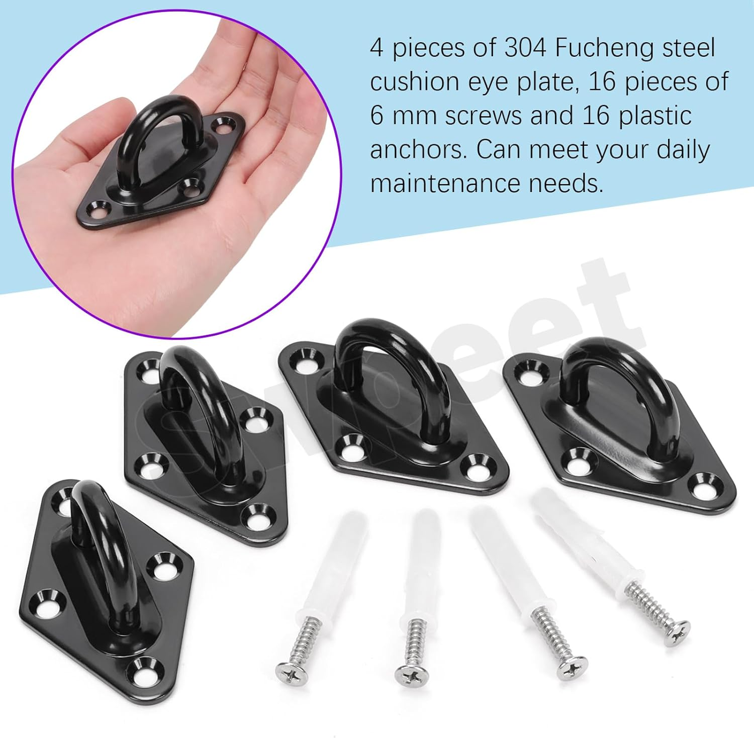Swpeet 4Pcs M8 304 Stainless Steel Black Rhombus Pad Eye Plate Hook with Screws and Plastic Anchors Assortment Kit, Marine Hardware Hooks Ceiling U Hook Staple Ring Hook for Securing Hanging image number 1