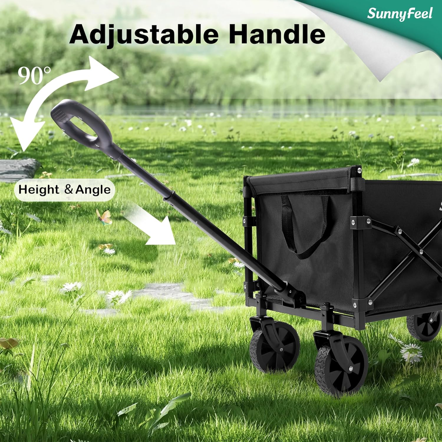 Sunnyfeel Heavy Duty Collapsible Outdoor Utility Wagon Cart 300LB Capacity Adjustable Handlebar,Foldable Beach Wheels Stable Durable Oxford Fabric for Shopping Garden Camping (Black 28*18*36 Inch)