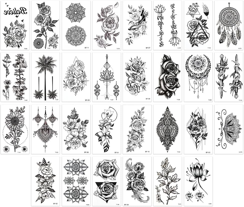 Craspire 30 Sheets Black Flowers Temporary Tattoos Women Men Removable Floral Rose Leaf Branch Sticker Paper Waterproof Realistic Long Lasting Make up for Body Clavicle Arm image number 4