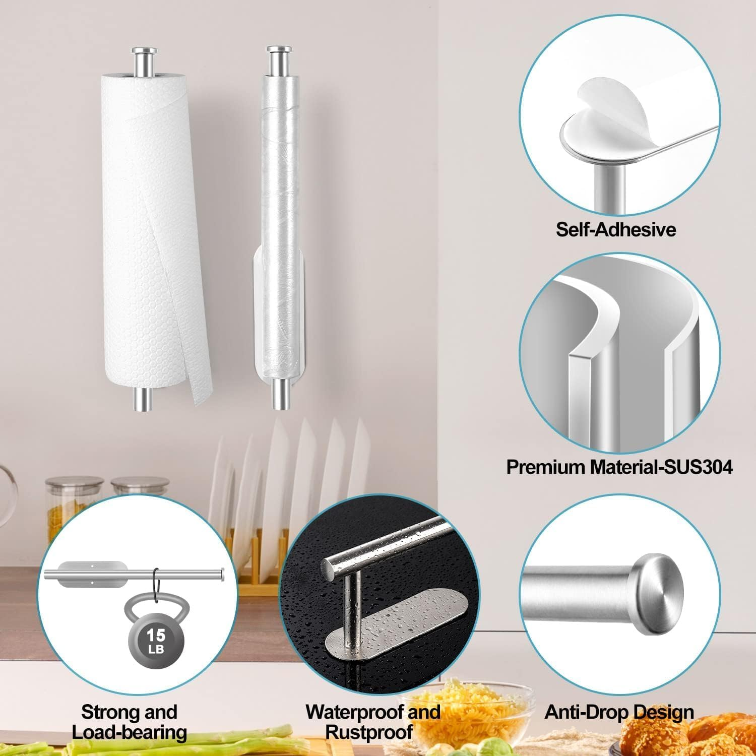 Paper Towel Holders for Kitchen,Paper Towels Bulk- Self-Adhesive under Cabinet,Both Available in Adhesive and Screws,Stainless Steel Paper Towel Roll Rack (1, New Silver-A) - Mental Black image number 3