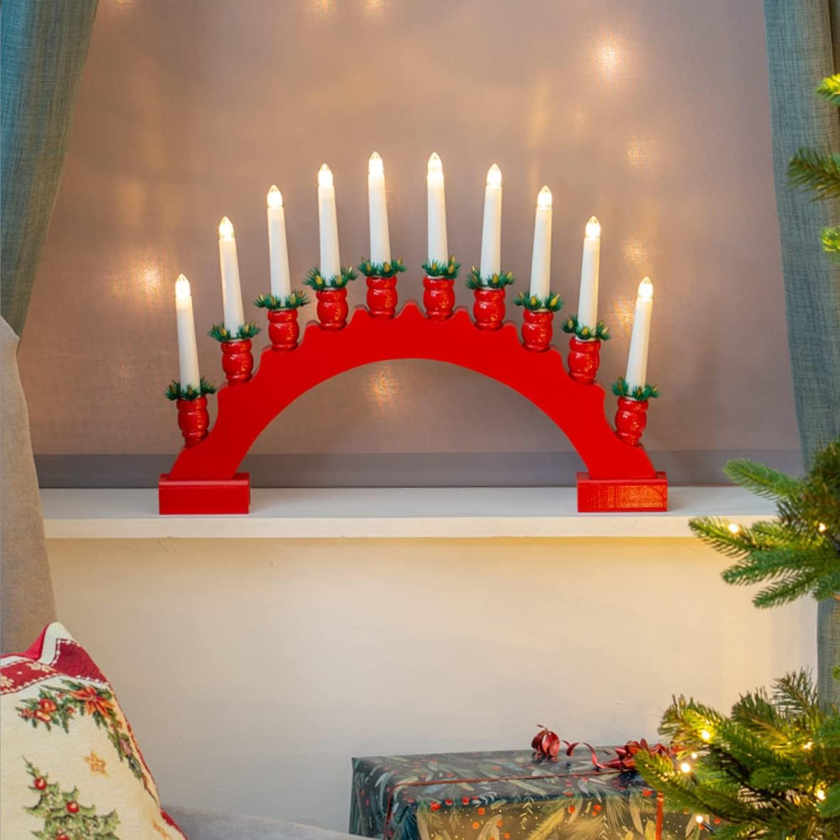The Christmas Workshop 71169 Red Arched Wooden Candle Bridge with Candle Holders / 10 Warm White Leds/Indoor Christmas Decoration / 48Cm X 34.5Cm X 5Cm / Battery Powered image number 5
