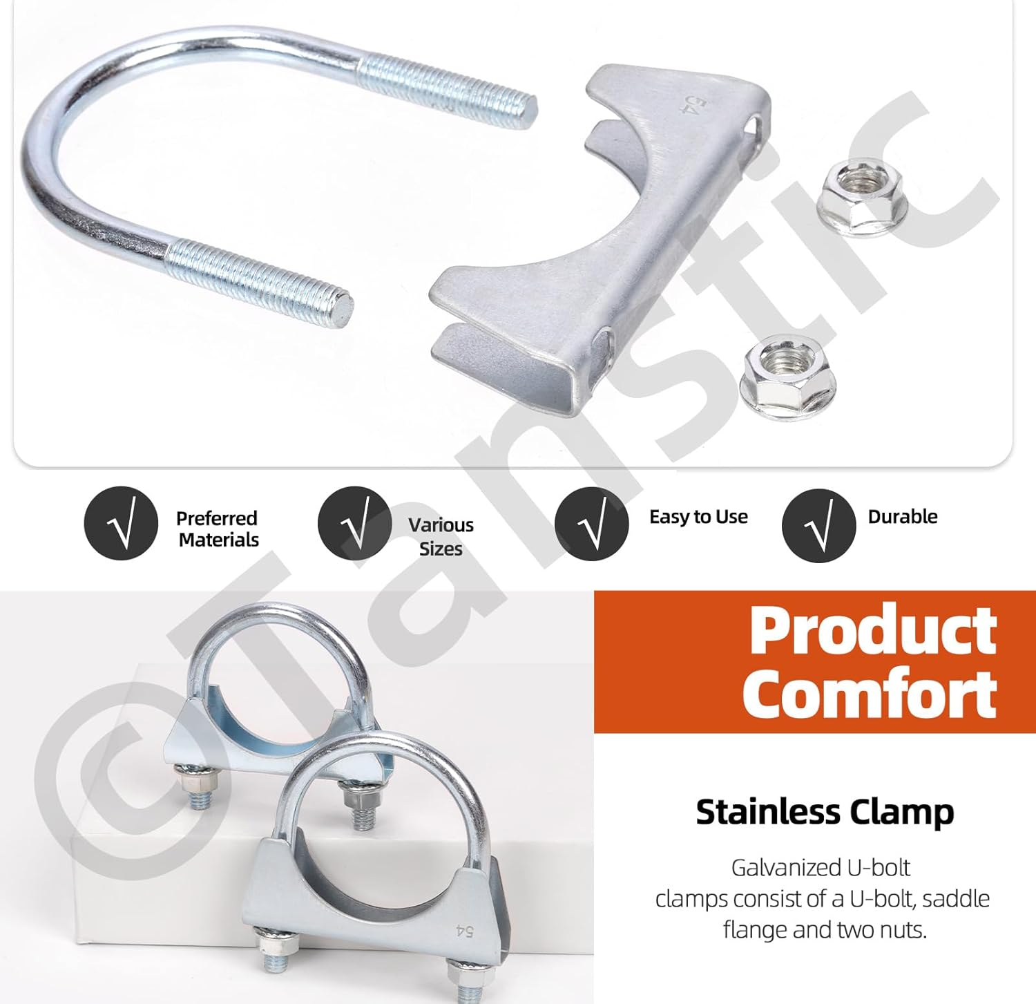 Tanstic 2Pcs 2-1/2" U Bolt Clamp Exhaust U Clamp Muffler U-Bolt Exhaust Clamps Heavy Duty U Bolt Clamps for Muffler, Pipe image number 3