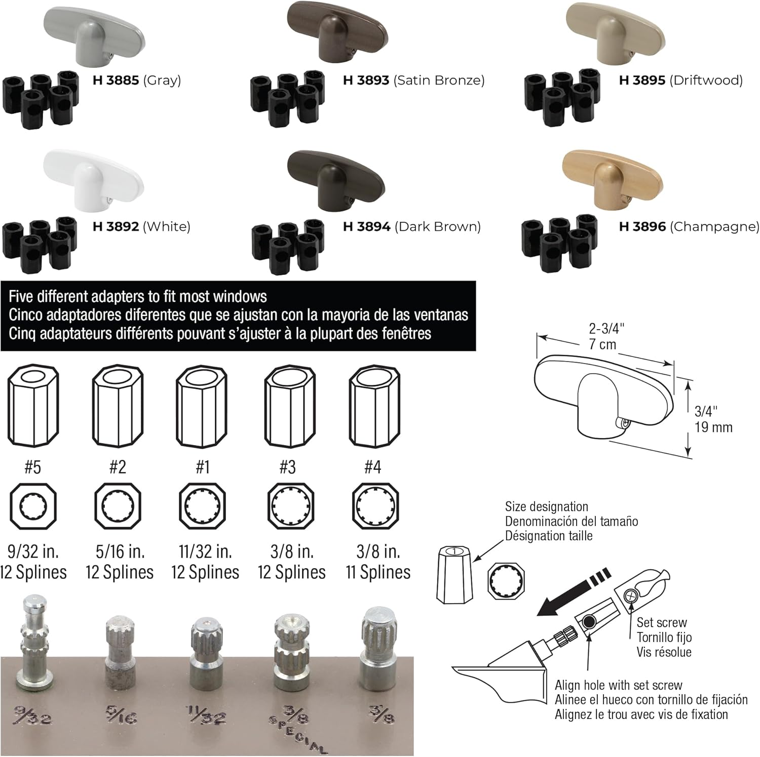 Prime-Line Products H 3892 Operator Tee Handle, 1-1/8 In. X 2-3/8 In., Diecast, White, Universal Spline Adaptors (2-Pack) - Satin Bronze image number 4