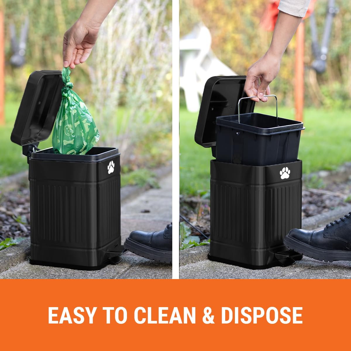 Pupzle Small Dog Poop Trash Can Outside, 1.3 Gal Metal Dog Waste Trash Can, Small Poop Bucket Outdoor with Lid, Poo Container Bin Waterproof Backyard Odor Control, 30 Bags (Black) - Black image number 4