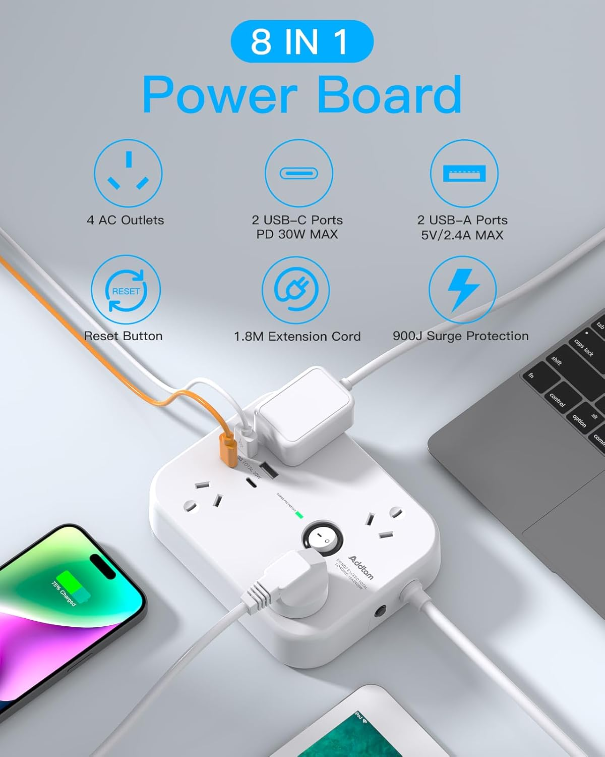Addtam PD30W Power Board Surge Protected, Desk Powerboard with 4 AC Outlets and 4 USB Ports(2 USB C), 1.8M Extension Cord Power Strip for Home Office Travel Essentials image number 5
