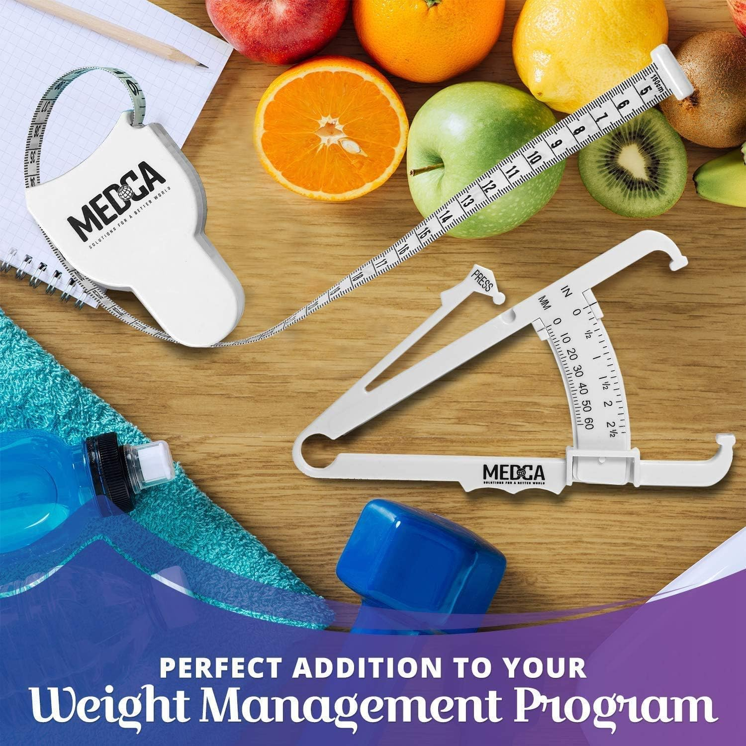 Body Tape Measure and Skinfold Caliper for Body Set - (Pack of 2) - Skin Fold Body Fat Analyzer and BMI Measurement Tool, White by Medca image number 1