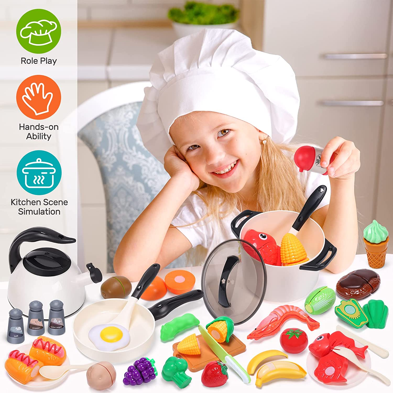 CUTE STONE Play Kitchen Accessories Toy, Play Food Sets for Kids, Pretend Kitchen Set for Kids with Play Pots, Pans, Toddler Cooking Toys for Girls Boys image number 6