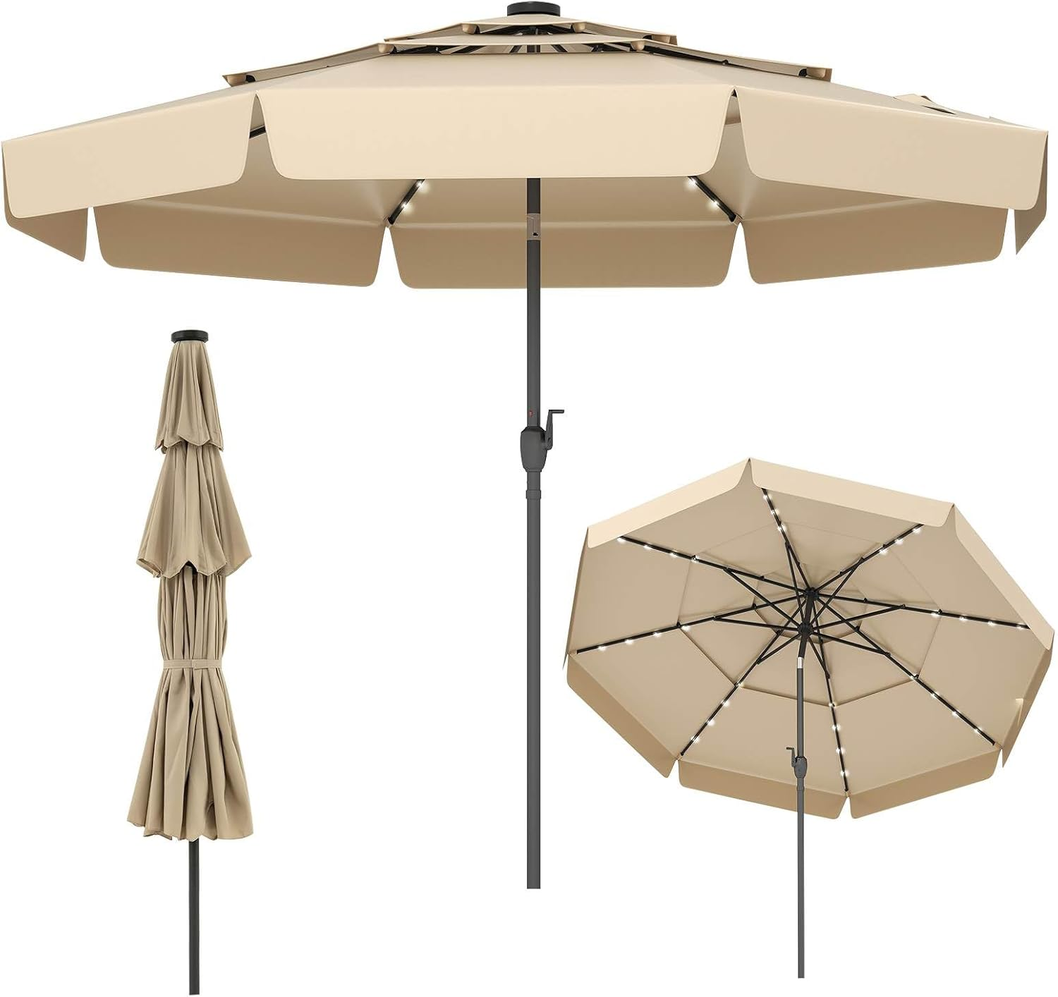 Costway 3M Solar Patio Umbrella W/ 32 LED Lights, 3-Tier Vented Top, Ruffles, Tilt Adjustment, Easy Crank, 8 Ribs, Outdoor Yard Poolside Deck Beach Lawn Market Sunshade, Heavy-Duty Table Parasol