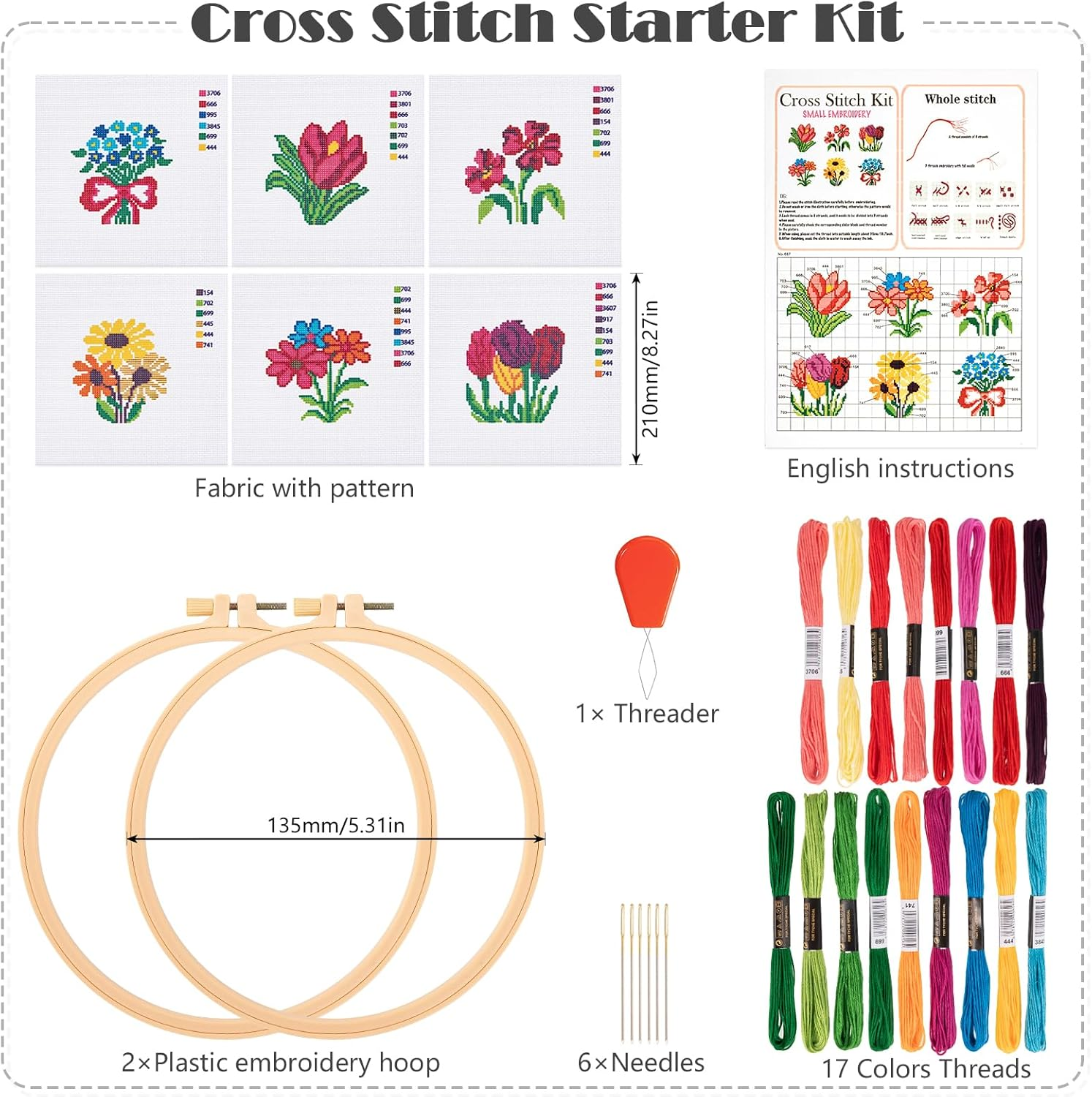 JSRQT 6Pcs Flower Cross Stitch Starter Kit for Beginners, DIY Art Sewing Embroidery Kit for Adults and Kids, Needlepoint Embroidery Kit with 2 Embroidery Hoop for Craft Lovers Embroidery Supplies image number 1
