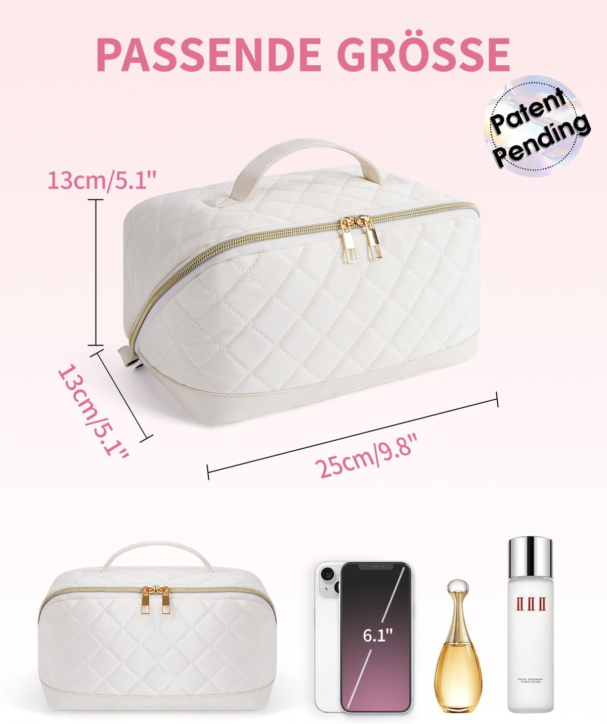 Women'S Large Travel Cosmetic Bag - Portable Makeup Bag with Handle & Transparent Separator - Water-Repellent Toiletry Bag Made of Quilted Fabric for Everyday & Bathroom (Patent Pending), Beige - Pink image number 5