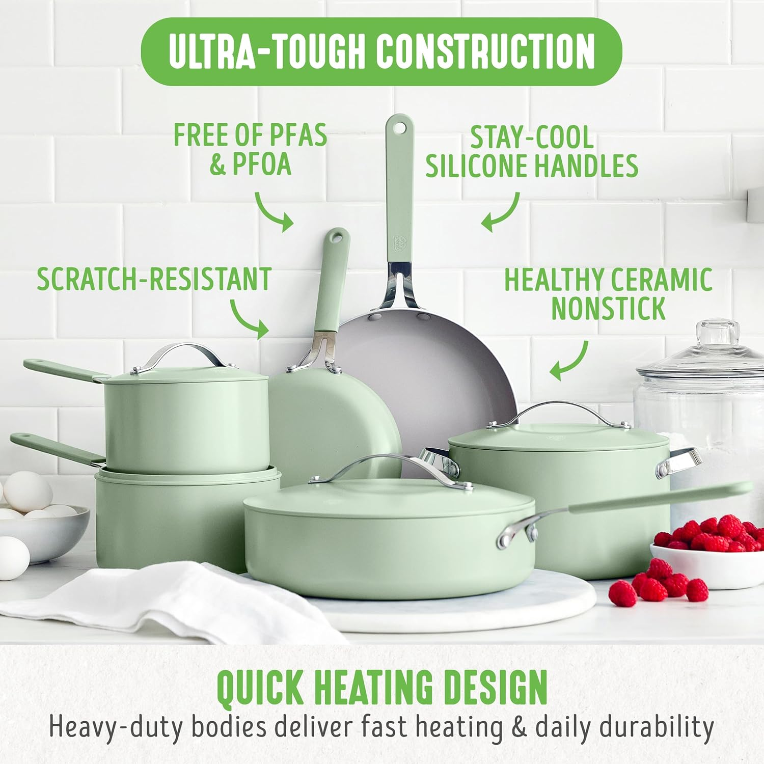 Greenlife Dream 10 Piece Healthy Ceramic Nonstick Cookware Set, Pots and Frying Sauce Saute Pans Set, Pfas-Free, Pfoa-Free, Dishwasher Safe, Oven Safe, Stay-Cool Handle, Sage Green - Rose image number 6