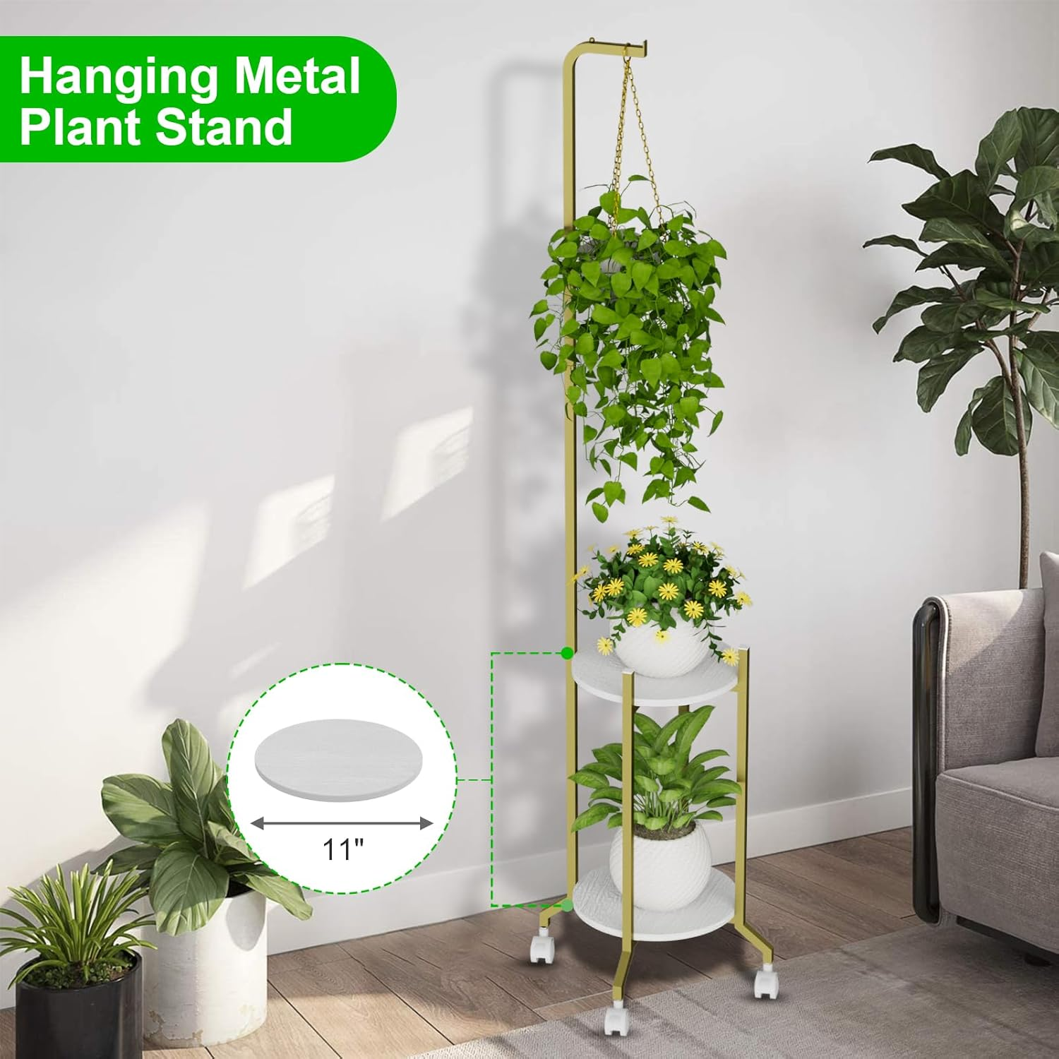 Plant Stand Indoor, 2 Tier Hanging Tall Plant Shelf with Wheels, 3 Potted Corner Flower Stand Metal Plant Holder, Plant Shelves for Living Room, Bedroom, Patio, Outdoor, Black (White-Glod) image number 2