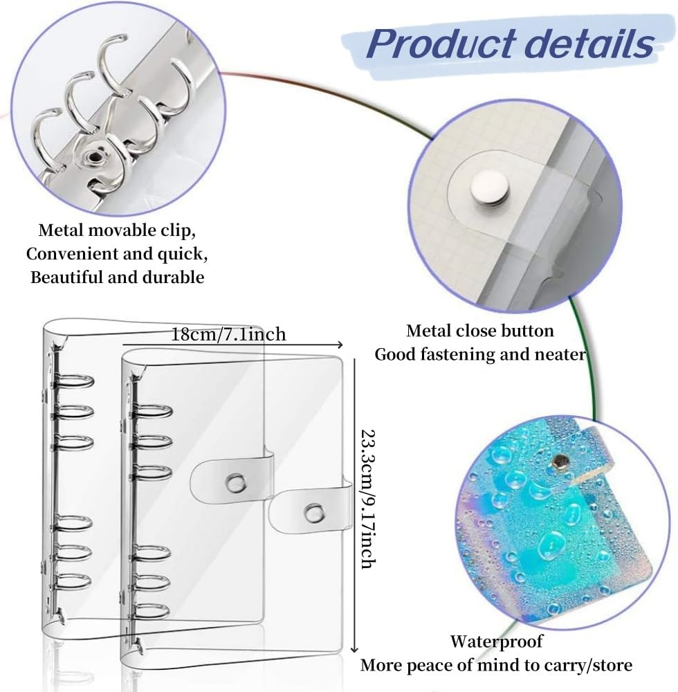 2 Pack A5 6 Ring Soft Cover Binder,Transparent PVC Notebook Cover with Snap Button(23.3 * 18Cm) image number 5