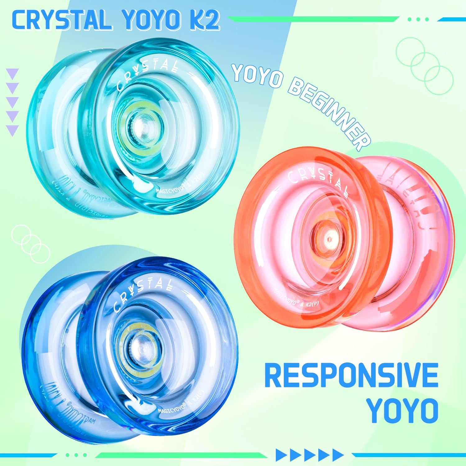 MAGICYOYO K2 plus Crystal Yoyos for Kids, Dual Purpose Responsive Yo-Yo for Beginner, Replacement Unresponsive Bearing for Intermediate, + 15 Strings, 3 Bags,3 Bearing Removers(Green + Blue + Orange) image number 1