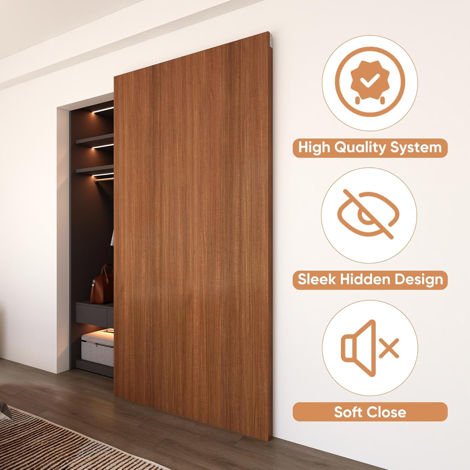 JUBEST 32" Concealed Barn Door Hardware Kit with Soft Close Mechanism, Wall Mounted Invisible Sliding Door Track for Opening Width 24" to 28", Hidden Barn Door Hardware Kit, Door Needs Groove image number 1