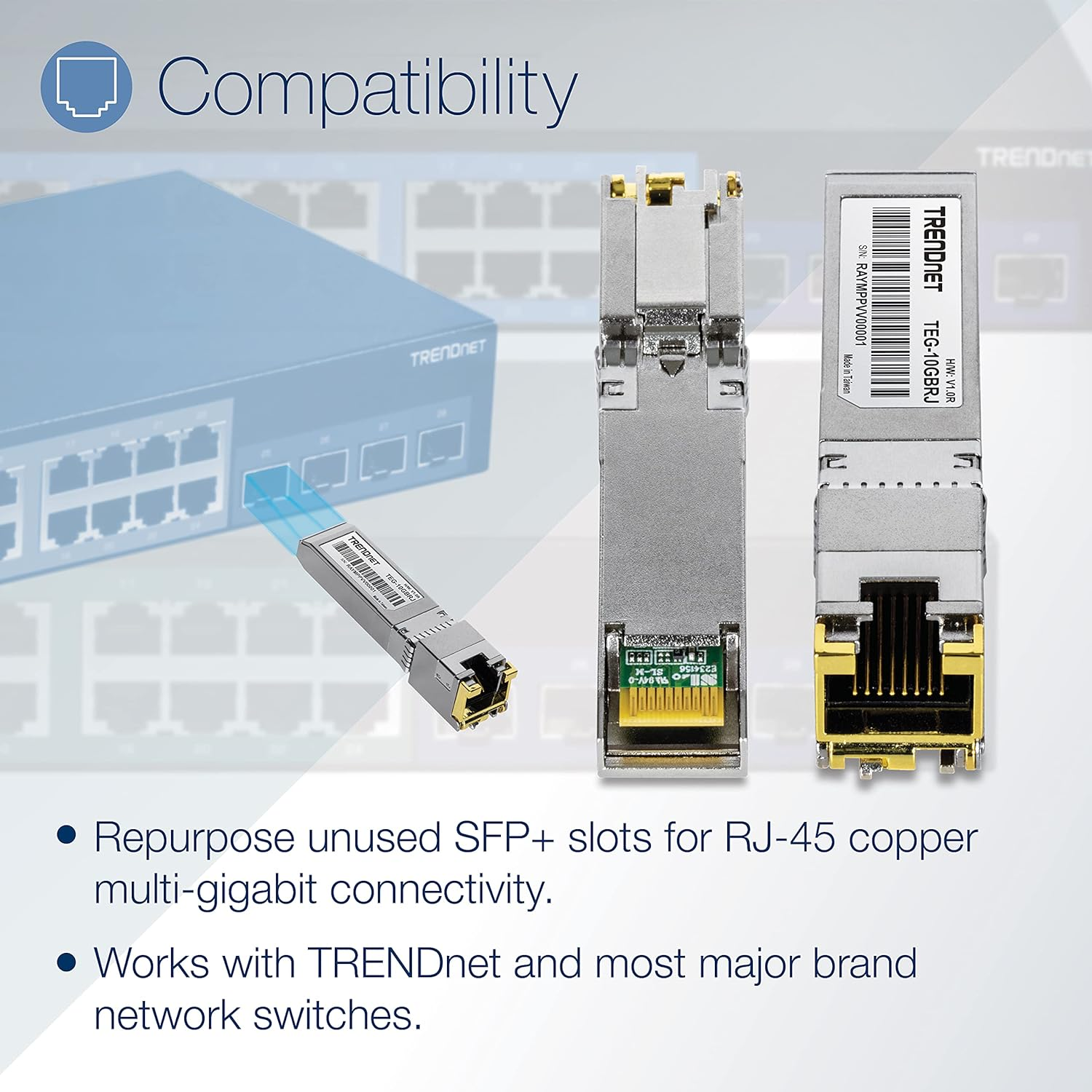 Trendnet 10G RJ-45 Copper SFP+ Module, Convert a Standard SFP+ Slot into a RJ-45 Multi-Gigabit Port, Connect Devices up to 30M (98Ft), Hot-Pluggable, Lifetime Protection, Silver, TEG-10GBRJ