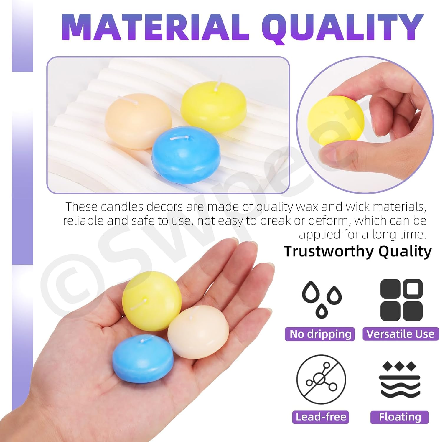 Swpeet 18Pcs 1.5 Inch Ivory/Yellow/Blue Unscented Floating Candles Set, Floating Discs Candles Driples Hand-Rolled Paraffin Wax Cotton Wicks for Centerpieces, Weddings, Parties and Christmas Home image number 5