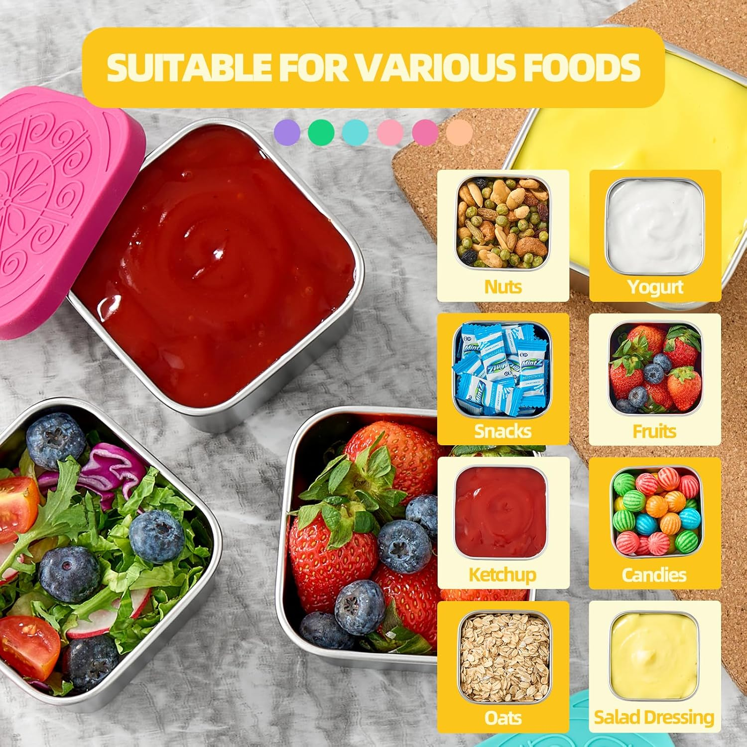 Feshory 6 Pack (190Ml/6.5Oz) Stainless Steel Snack Containers with Silicone Lid - Reusable Salad Dressing Sauce Container, Divided Snackle Box for Storing Nuts, Fruits, Snacks, Dips image number 2