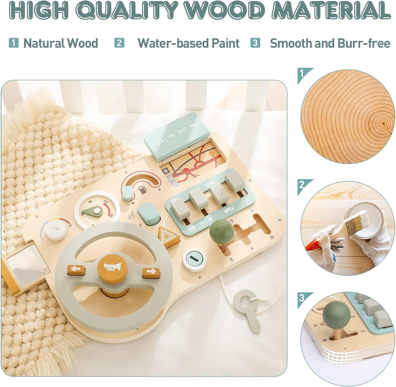 IEATFO Montessori Busy Board Wooden Sensory Toys Steering Wheel for Toddlers, Car Driving Toddler Busy Board Wooden Sensory Toys for Kids 3+ Years Old Preschool Learning Toy with Fine Motor Skills image number 3