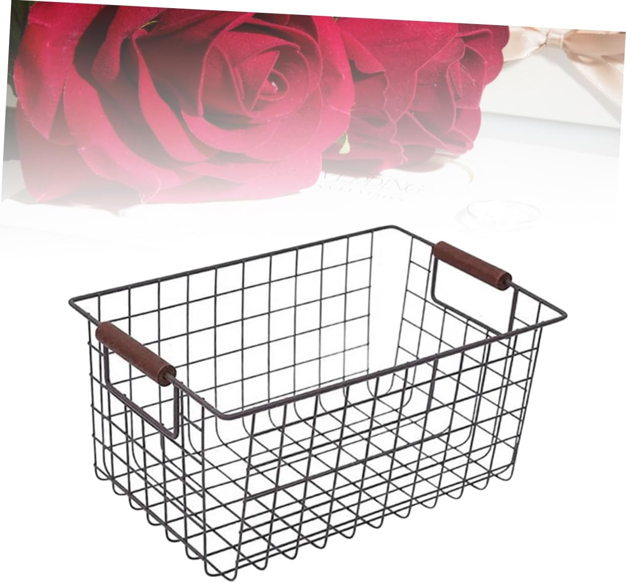 CHILDWEET Retro Wrought Iron Desktop Storage Basket Small Black Sundries Storage Organizer Home Books Snacks Container image number 1