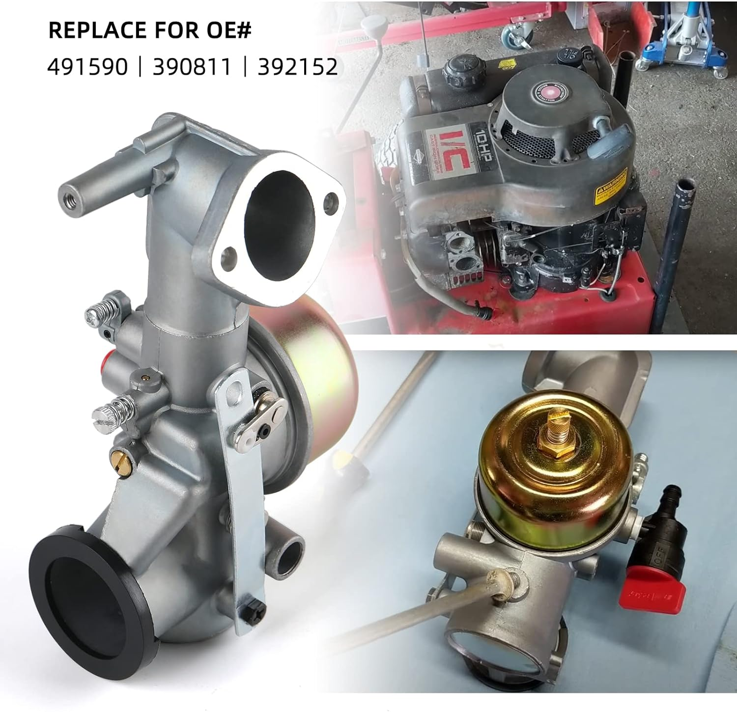 491590 Carburetor for Briggs & Stratton 491590 390811 392152，Engine Series 190702 191707 191700 192700 193700 Engine Carb with Gasket and Cleaning Tools