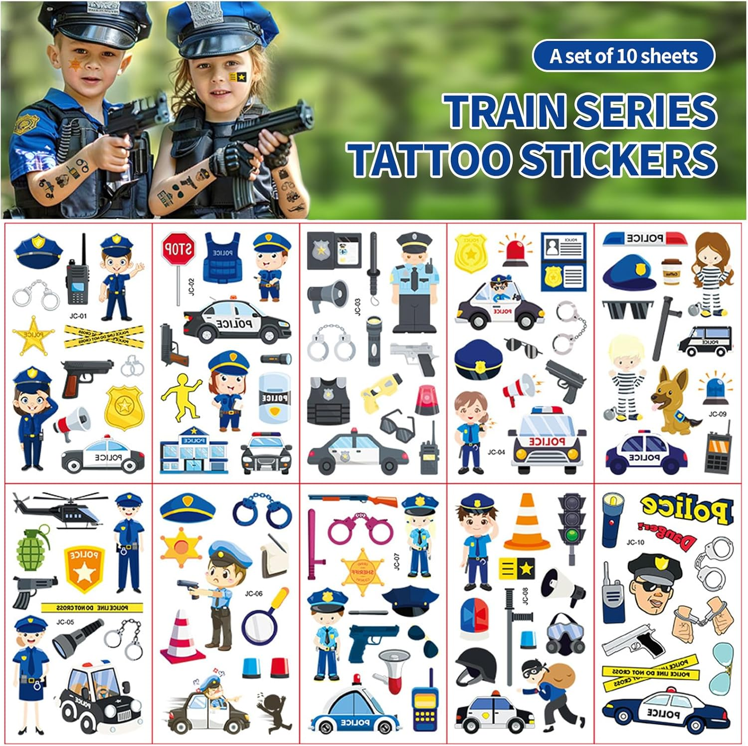 Shalve Cartoon Police Car Temporary Tattoos Waterproof Fake Tattoos Stickers Gift Idea Fillers Birthday Party Favour Supplies School Prizes Rewards Holiday D&eacute;cor Classroom Rewards image number 1