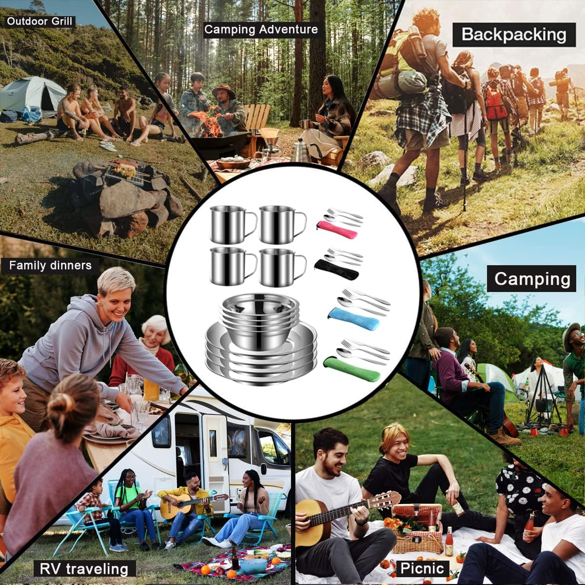 Jorunhe 29Pcs Outdoor Camping Tableware Kit Stainless Steel Tableware Mess Kit Includes Plate Bowl Cup Spoon Fork Knife in Mesh Bags for Camping Backpacking & Hiking for 4 Person Silver image number 3