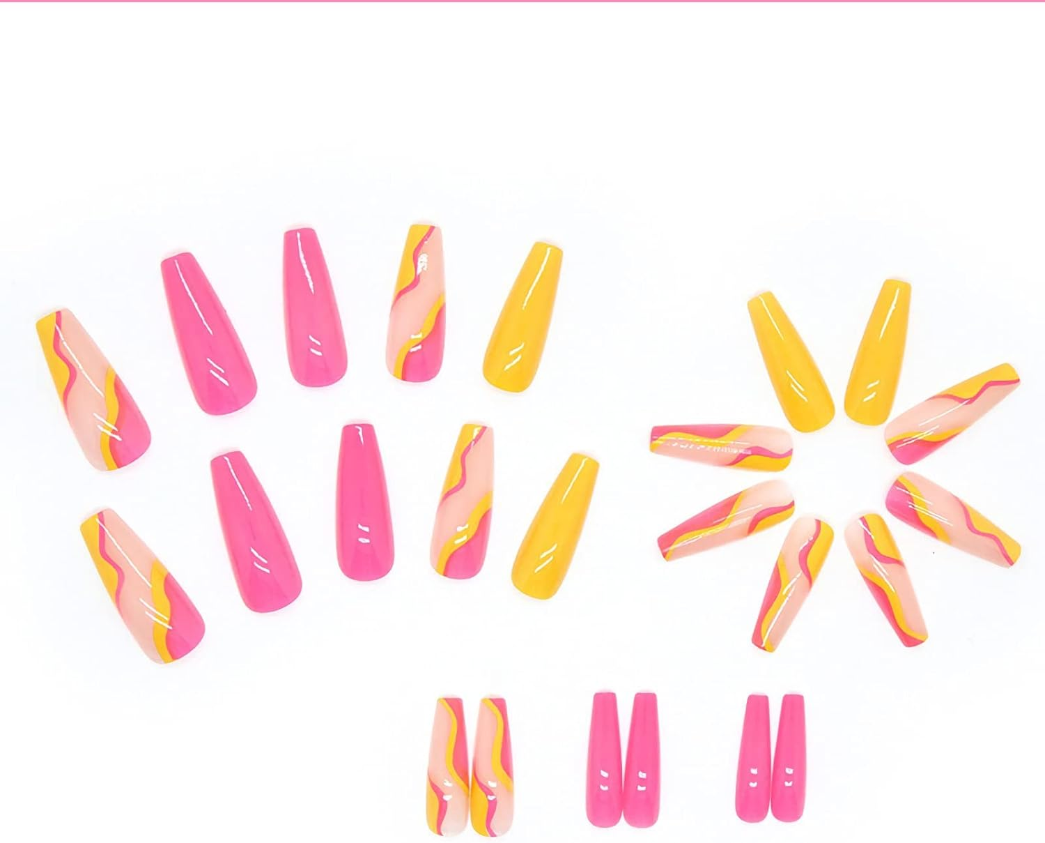 24 Pcs Acrylic Press on Nails Long Fake Nails Colorful Stripes Glue on Nails Coffin Shaped False Nails with Yellow Rose Red Color Glossy Stick on Nails for Women Girls image number 5