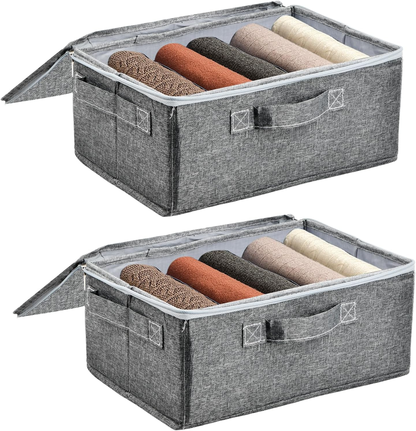 Hnonoxy 2Pcs Fabric Organiser Box, Grey, Storage Box with Lid, Organiser Box with Large Capacity for Clothes, Toys, Bedroom Organisation (38 X 25.5 X 16 Cm) image number 2