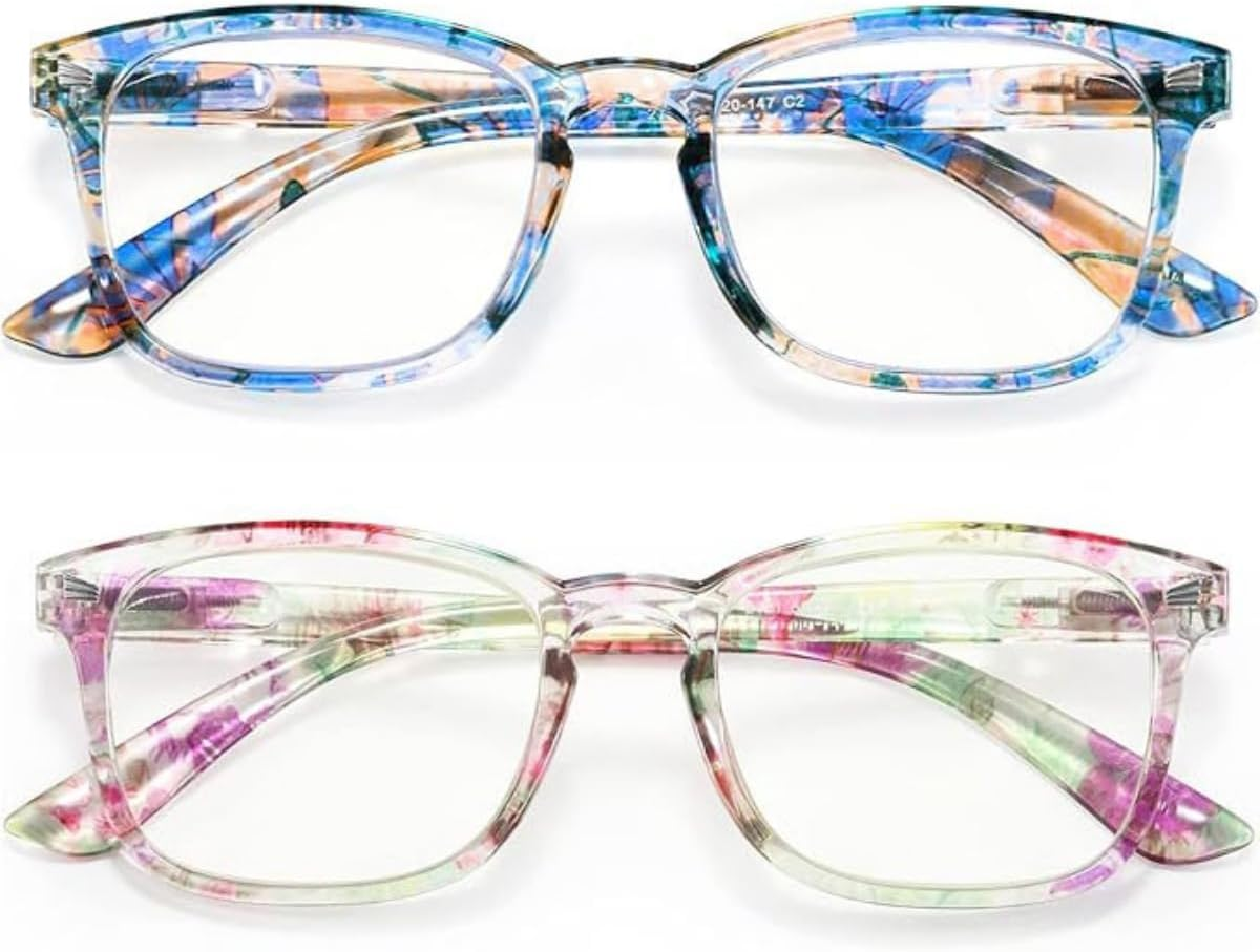 Reading Glasses 2 Pairs Fashion Ladies Readers Magnifying Readers anti Blue-Ray Spring Hinge with Pattern Print Lightweight Comfortable Eyeglasses for Women | Purple Pink Blue Green image number 2