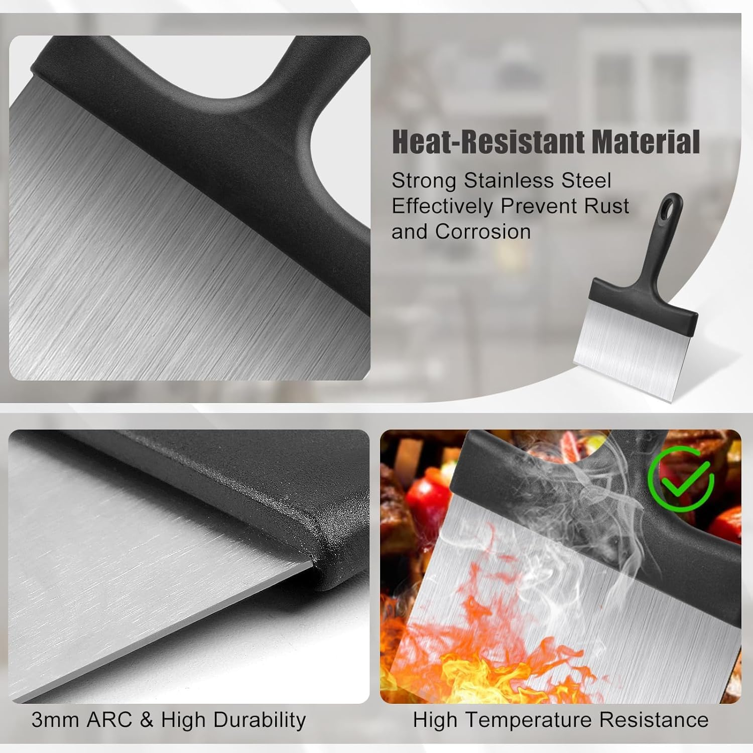 Quhoxdye Griddle Scraper, Stainless Steel Barbeque Food Scraper with Gloves, Steel Spatula with Handle, Sturdy Food Scraper Tool Kitchen for Grill Accessories, Outdoor Barbecue Turners Tools (Black) image number 5