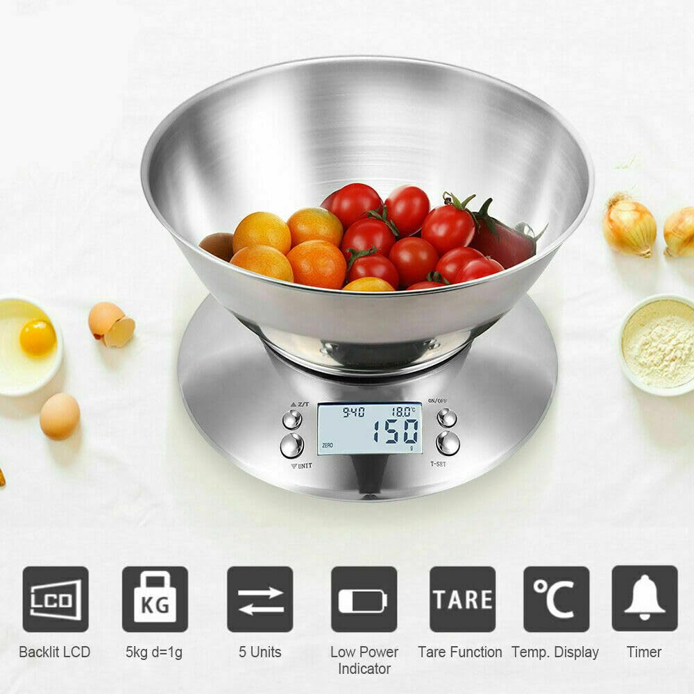 Uten Kitchen Scales Digital Scales with Bowl, 5 Kg, Stainless Steel, Tare Function, LCD Display, Bowl and Timer, Baking & Cooking image number 5